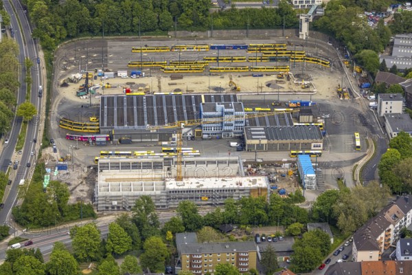 Aerial view, construction site, new hall construction Ruhrbahn depot, Ostviertel, Essen, Ruhr area, North Rhine-Westphalia, Germany, construction work, construction area, construction site, building plots, construction project, construction site, bus station, DE, Europe, aerial view, aerial photography, aerial photography, new construction, tramway, overview, bird's-eye view, overview