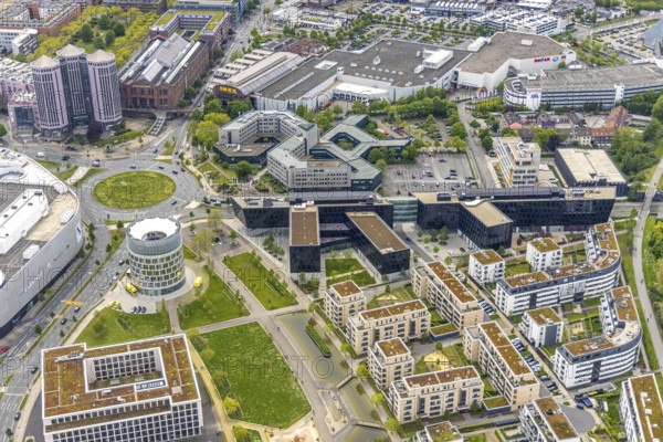Aerial view, Funke Mediengruppe headquarters, Jakob-Funke-Platz 1, Green Centre Essen, Westviertel, Essen, Ruhr area, North Rhine-Westphalia, Germany, DE, development, Europe, Funke Mediengruppe, aerial view, aerial photography, aerial photography, media house, overview, bird's-eye view, newspaper publisher, birds-eyes view, overview