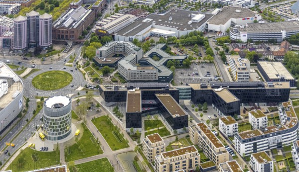 Aerial view, Funke Mediengruppe headquarters, Jakob-Funke-Platz 1, Green Centre Essen, Westviertel, Essen, Ruhr area, North Rhine-Westphalia, Germany, DE, development, Europe, Funke Mediengruppe, aerial view, aerial photography, aerial photography, media house, overview, bird's-eye view, newspaper publisher, birds-eyes view, overview