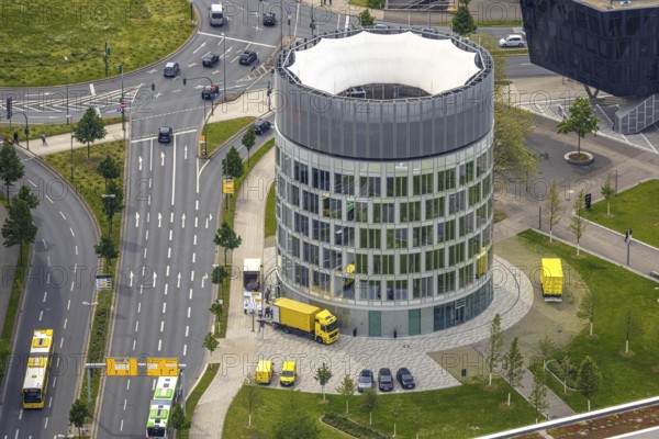 Aerial view, Funke Mediengruppe headquarters, Jakob-Funke-Platz 1, Westviertel, Essen, Ruhr area, North Rhine-Westphalia, Germany, DE, development, Europe, Funke Mediengruppe, Grüne Mitte Essen, aerial view, aerial photography, aerial photography, media house, overview, bird's-eye view, newspaper publisher, birds-eyes view, overview