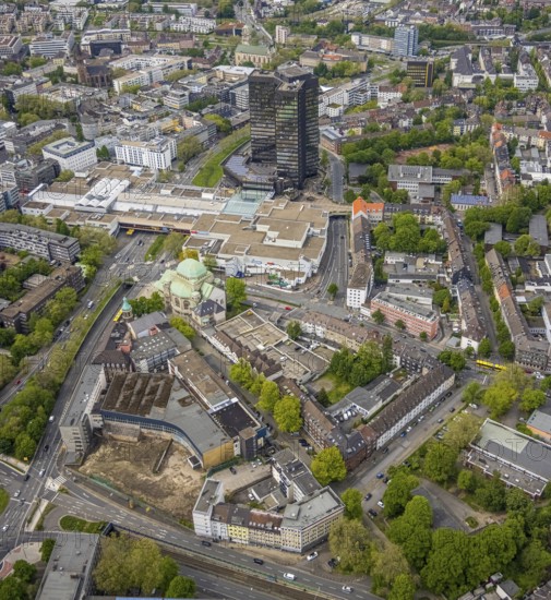 Aerial view, city hall and city hall gallery Essen, cultural centre old synagogue, city centre, Essen, Ruhr area, North Rhine-Westphalia, Germany, authority, city, DE, shopping centre, shopping markets, shopping mall, Europe, city centre, Judaism, aerial view, aerial photography, aerial photography, city hall, shopping, shopping centre, city centre, overview, bird's eye view, birds-eyes view, Jewish culture, overview