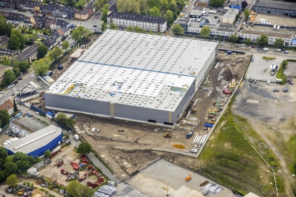 Aerial view, new building and construction site at the corner of Burggrafenstraße and Elisenstraße, Ostviertel, Essen, Ruhr area, North Rhine-Westphalia, Germany, construction work, construction area, building site, building plots, construction project, construction site, DE, Europe, aerial view, aerial photography, aerial photography, new building, overview, bird's-eye view, former coal mine, overview