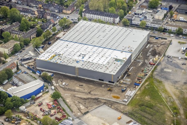 Aerial view, new building and construction site at the corner of Burggrafenstraße and Elisenstraße, Ostviertel, Essen, Ruhr area, North Rhine-Westphalia, Germany, construction work, construction area, building site, building plots, construction project, construction site, DE, Europe, aerial view, aerial photography, aerial photography, new building, overview, bird's-eye view, former coal mine, overview