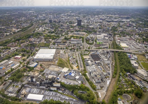Aerial view, new forwarding building and construction site at the corner of Burggrafenstraße and Elisenstraße, local view with the town hall, eastern quarter, Essen, Ruhr area, North Rhine-Westphalia, Germany, City, DE, Europe, aerial view, aerial photography, aerial photography, townscape, city centre, overview, bird's-eye view, overview