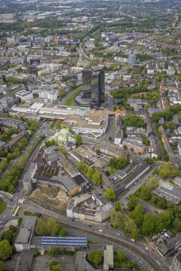Aerial view, city hall and city hall gallery Essen, cultural centre old synagogue, city centre, Essen, Ruhr area, North Rhine-Westphalia, Germany, authority, city, DE, shopping centre, shopping markets, shopping mall, Europe, city centre, Judaism, aerial view, aerial photography, aerial photography, city hall, shopping, shopping centre, city centre, overview, bird's eye view, birds-eyes view, Jewish culture, overview