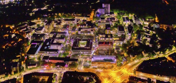 Aerial photograph, University Hospital Essen, Essen-Holsterhausen, Essen, Ruhr area, North Rhine-Westphalia, Germany, outdoor lighting, DE, twilight, Europe, healthcare, hospital, clinic, clinic centre, hospital, light pollution, aerial photograph, aerial photography, aerial photography, medical facility, medical aid, night aerial photograph, streetlights, street lamps, overview, bird's eye view, illuminated, illuminated houses, illuminated house, birds-eyes view, artificial light, night, nightflight, overview, medical care