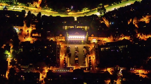 Aerial view, Kleiner Markt with Schatzgräberbrunnen, Mintrops Stadt Hotel Margarethenhöhe, Margarethenhöhe, Essen, Ruhr area, North Rhine-Westphalia, Germany, outdoor lighting, fountain, DE, twilight, Europe, gastronomy, hotel, hotel facilities, hotel industry, light pollution, aerial view, aerial photography, aerial photography, market, night aerial view, streetlights, street lamps, overview, bird's eye view, illuminated, illuminated houses, illuminated house, birds-eyes view, artificial light, night, nightflight, overview