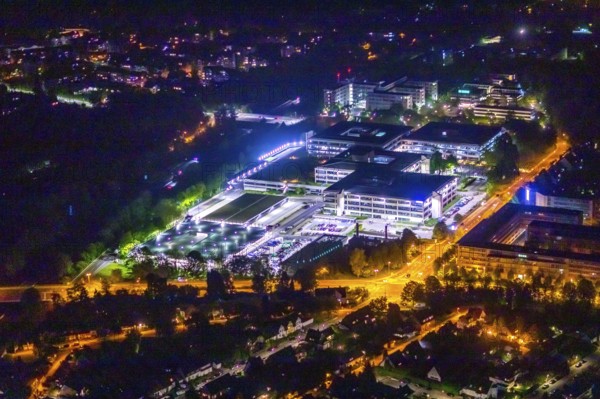 Aerial photograph, Bredeney office park, Karstadt headquarters, Essen police, Essen-Bredeney, Essen, Ruhr area, North Rhine-Westphalia, Germany, surveillance, eye of the law, outdoor lighting, DE, twilight, Europe, commercial buildings, light pollution, aerial photograph, aerial photography, aerial photography, night aerial photography, law enforcement officer, police, police station, police station, state authority, state power, streetlights, street lamps, overview, bird's eye view, illuminated, illuminated houses, illuminated house, birds-eyes view, artificial light, night, nightflight, overview