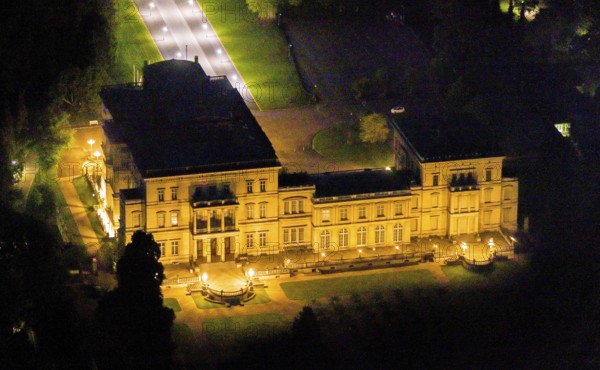 Aerial view, Villa Hügel, Bredeney, Essen, Ruhr area, North Rhine-Westphalia, Germany, outdoor lighting, DE, twilight, Europe, art gallery, light pollution, aerial photograph, aerial photography, aerial photography, night aerial view, park, streetlights, street lamps, overview, villa, bird's eye view, illuminated, illuminated houses, illuminated house, birds-eyes view, former country estate, former residential and representative house of the Krupp industrial family, artificial light, night, nightflight, overview