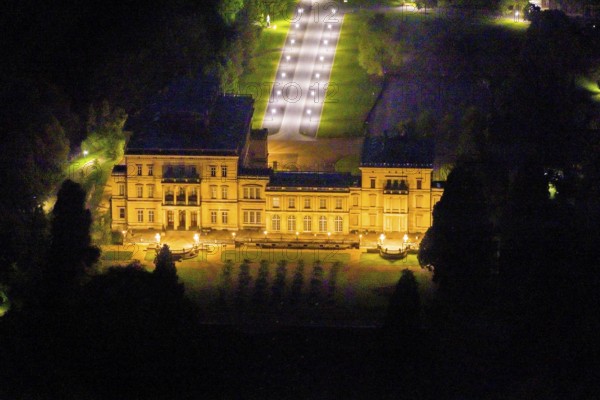 Aerial view, Villa Hügel, Bredeney, Essen, Ruhr area, North Rhine-Westphalia, Germany, outdoor lighting, DE, twilight, Europe, art gallery, light pollution, aerial photograph, aerial photography, aerial photography, night aerial view, park, streetlights, street lamps, overview, villa, bird's eye view, illuminated, illuminated houses, illuminated house, birds-eyes view, former country estate, former residential and representative house of the Krupp industrial family, artificial light, night, nightflight, overview
