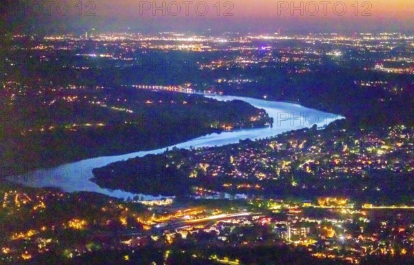 Aerial view, river Ruhr in Essen, Kupferdreh, Essen, Ruhr area, North Rhine-Westphalia, Germany, outdoor lighting, DE, twilight, Europe, light pollution, aerial photograph, aerial photography, aerial photography, night aerial photograph, streetlights, street lamps, overview, bird's eye view, illuminated, illuminated houses, illuminated house, birds-eyes view, artificial light, night, nightflight, overview