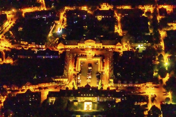 Aerial view, Kleiner Markt with Schatzgräberbrunnen, Mintrops Stadt Hotel Margarethenhöhe, Margarethenhöhe, Essen, Ruhr area, North Rhine-Westphalia, Germany, outdoor lighting, fountain, DE, twilight, Europe, gastronomy, hotel, hotel facilities, hotel industry, light pollution, aerial view, aerial photography, aerial photography, market, night aerial view, streetlights, street lamps, overview, bird's eye view, illuminated, illuminated houses, illuminated house, birds-eyes view, artificial light, night, nightflight, overview