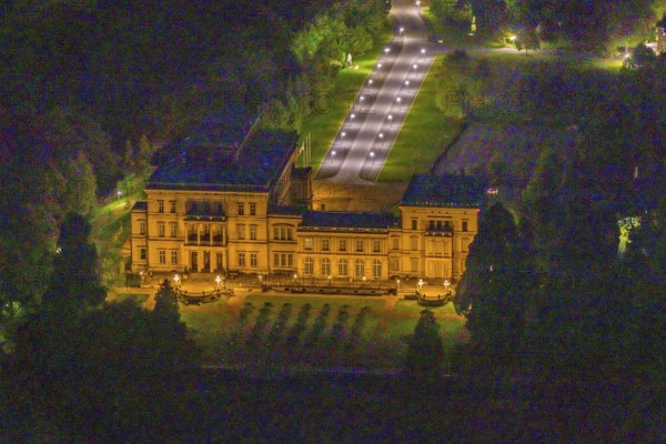 Aerial view, Villa Hügel, Bredeney, Essen, Ruhr area, North Rhine-Westphalia, Germany, outdoor lighting, DE, twilight, Europe, art gallery, light pollution, aerial photograph, aerial photography, aerial photography, night aerial view, park, streetlights, street lamps, overview, villa, bird's eye view, illuminated, illuminated houses, illuminated house, birds-eyes view, former country estate, former residential and representative house of the Krupp industrial family, artificial light, night, nightflight, overview