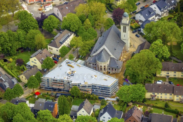 Aerial view, construction site and new building for flats in and at the former St. Marienkirche, Essen-Steele, Essen, Ruhr area, North Rhine-Westphalia, Germany, construction work, construction area, building site, building plots, construction project, construction site, DE, Europe, aerial view, aerial photography, aerial photography, new building, overview, bird's-eye view, overview
