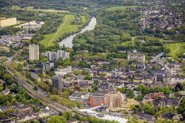 Aerial view, local view Steele and river Ruhr, construction site Kaiser-Otto-Residenz Essen, Essen-Steele, Essen, Ruhr area, North Rhine-Westphalia, Germany, retirement home, old people's home, construction work, construction area, building site, building plots, construction measure, construction project, construction site, care and nursing, DE, Europe, aerial view, aerial photography, aerial photography, care facility, Scheidtmanntor, retirement home, retirement residence, retirement home, retirement centre, overview, bird's eye view, birds-eyes view, overview