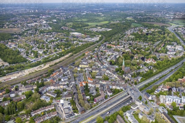 Aerial view, St. Barbara Church and local view Essen-Kray, Essen, Ruhr area, North Rhine-Westphalia, Germany, place of worship, DE, Europe, religious community, place of worship, holy place, church, parish, denomination, aerial view, aerial photography, aerial photography, religion, religious site, overview, bird's-eye view, overview