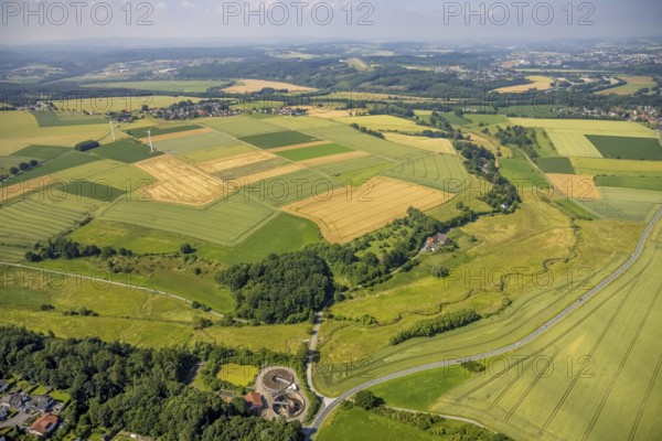 Aerial view, meadows and fields, sewage treatment plant Ense-Bremen, Bremer Heide, Bremen, Ense, Sauerland, North Rhine-Westphalia, Germany, DE, Europe, sewage treatment plant, aerial view, aerial photography, aerial photography, overview, bird's-eye view, overview