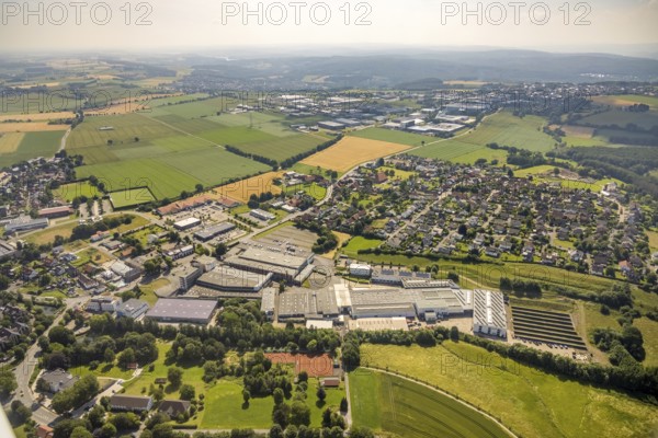 Aerial view, company premises Heinz Kettler Freizeit GmbH Sport and Franz Pauli GmbH metal goods manufacturer, Bremen, Ense, Sauerland, North Rhine-Westphalia, Germany, DE, Europe, commercial enterprises, commercial area, commercial location, commercial use, industrial area, industrial location, aerial photograph, aerial photography, aerial photography, overview, bird's-eye view, bird's-eye view, overview