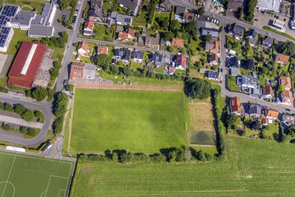 Aerial view, sports ground TuS Bremen 1905, Bremen, Ense, Sauerland, North Rhine-Westphalia, Germany, DE, Europe, football pitch, football stadium, aerial view, aerial photography, aerial photography, sports, sports facilities, sports ground, sports venue, overview, bird's-eye view, overview