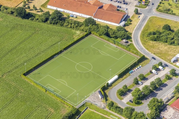 Aerial view, sports ground TuS Bremen 1905, Parsit, Ense, Sauerland, North Rhine-Westphalia, Germany, DE, Europe, football pitch, football stadium, aerial view, aerial photography, aerial photography, sports, sports facilities, sports ground, sports venue, overview, bird's-eye view, overview