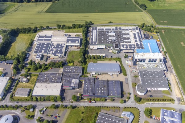 Aerial view, industrial park Höingen, HEICO Umformtechnik, Metrio GmbH metal processing company, Höingen, Ense, Sauerland, North Rhine-Westphalia, Germany, DE, Europe, commercial enterprises, commercial area, industrial estate, commercial park, commercial location, commercial use, industrial area, industrial location, aerial view, aerial photography, aerial photography, overview, bird's-eye view, overview