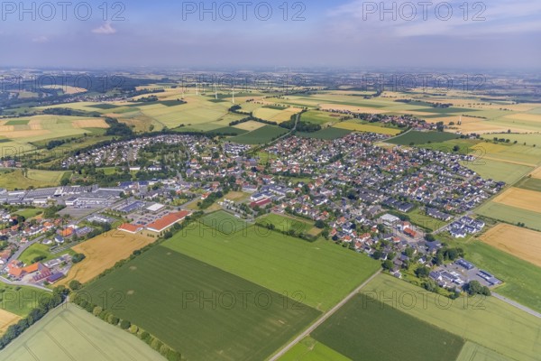 Aerial view, meadows and fields with local view Bremen, Ense, Sauerland, North Rhine-Westphalia, Germany, DE, Europe, property tax, real estate, aerial view, aerial photography, aerial photography, overview, bird's eye view, living and life, residential buildings, quality of living, birds-eyes view, overview