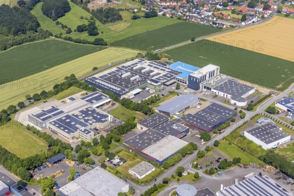 Aerial view, industrial park Höingen, HEICO Umformtechnik, Metrio GmbH metal processing company, Höingen, Ense, Sauerland, North Rhine-Westphalia, Germany, DE, Europe, commercial enterprises, commercial area, industrial estate, commercial park, commercial location, commercial use, industrial area, industrial location, aerial view, aerial photography, aerial photography, overview, bird's-eye view, overview