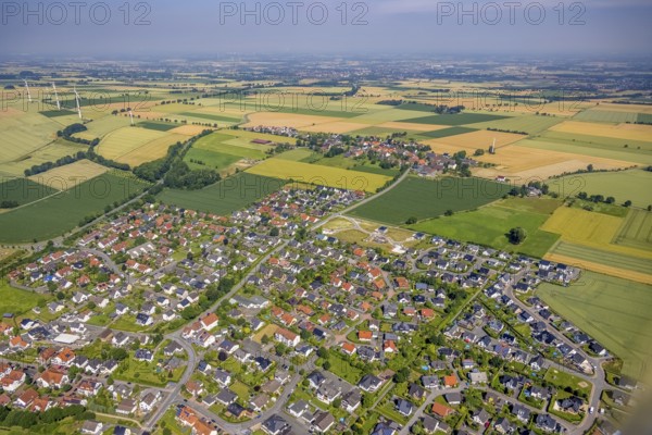 Aerial view, local view with construction site and new building houses at Ruhner Weg, Bremen, Ense, Sauerland, North Rhine-Westphalia, Germany, construction work, construction area, construction site, building plots, construction project, construction site, DE, Europe, aerial view, aerial photography, aerial photography, new building, overview, bird's-eye view, overview