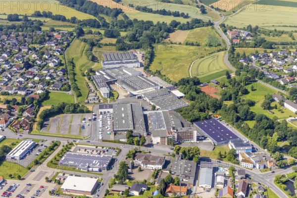 Aerial view, company premises Heinz Kettler Freizeit GmbH Sport and Franz Pauli GmbH metal goods manufacturer, Bremen, Ense, Sauerland, North Rhine-Westphalia, Germany, DE, Europe, commercial enterprises, commercial area, commercial location, commercial use, industrial area, industrial location, aerial photograph, aerial photography, aerial photography, overview, bird's-eye view, bird's-eye view, overview