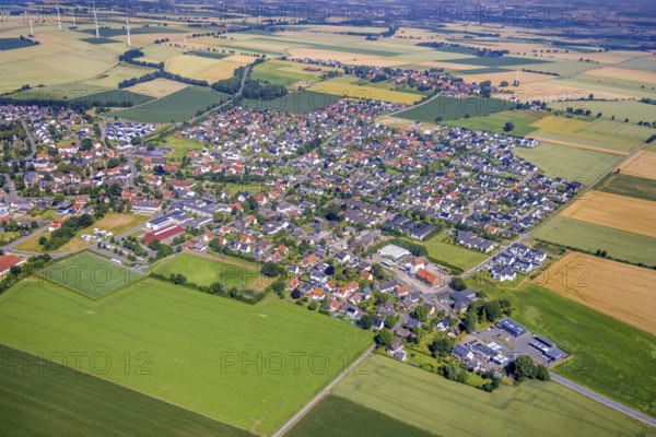 Aerial view, meadows and fields with local view Bremen, Ense, Sauerland, North Rhine-Westphalia, Germany, DE, Europe, property tax, real estate, aerial view, aerial photography, aerial photography, overview, bird's eye view, living and life, residential buildings, quality of living, birds-eyes view, overview