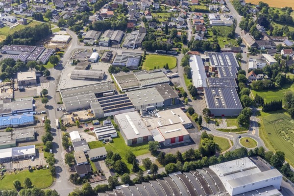 Aerial view, industrial park Höingen, Franz Brinkmann GmbH, Höingen, Ense, Sauerland, North Rhine-Westphalia, Germany, DE, Europe, commercial enterprises, commercial area, commercial park, commercial location, commercial use, industrial area, industrial location, roundabout, roundabout, aerial photograph, aerial photography, aerial photography, overview, bird's-eye view, birds-eyes view, overview