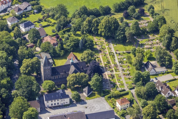 Aerial view, Church of St. Bernhard and cemetery in Niederense, Ense, Sauerland, North Rhine-Westphalia, Germany, place of worship, burial place, DE, Europe, cemetery, memorial site, religious community, place of worship, church, church community, denomination, aerial view, aerial photography, aerial photography, religion, religious site, resting place, overview, bird's eye view, birds-eyes view, overview