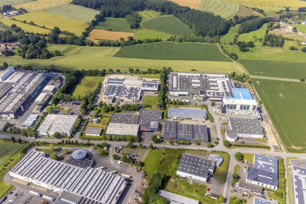 Aerial view, industrial park Höingen, HEICO Umformtechnik, Metrio GmbH metal processing company, Höingen, Ense, Sauerland, North Rhine-Westphalia, Germany, DE, Europe, commercial enterprises, commercial area, industrial estate, commercial park, commercial location, commercial use, industrial area, industrial location, aerial view, aerial photography, aerial photography, overview, bird's-eye view, overview