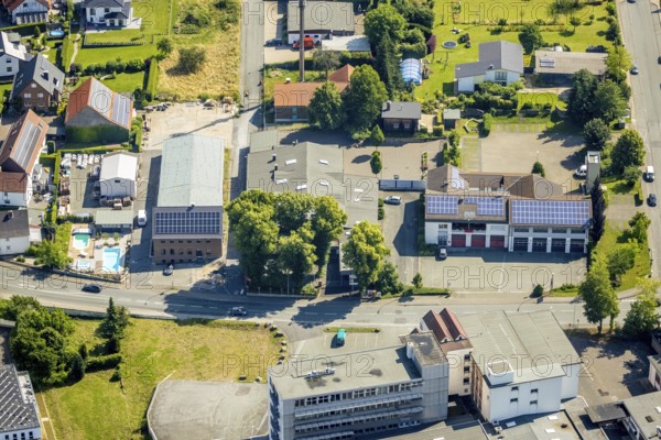 Aerial photo, fire brigade Bremen fire brigade Ense, Bremen, Ense, Sauerland, North Rhine-Westphalia, Germany, fire fighter, fire protection, fire watch, DE, Europe, fire station, fire brigade, aerial photo, aerial photography, aerial photography, rescue station, overview, bird's eye view, birds-eyes view, overview