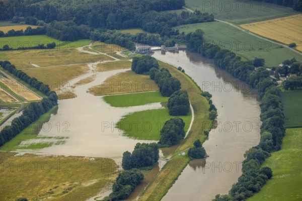 Aerial photo, Ruhr flood, barrage Ense Wickede, flood after heavy rainfall, Waltringen, Ense, Sauerland, North Rhine-Westphalia, Germany, DE, Europe, birds-eyes view, aerial photo, aerial photography, aerial photography, overview, overview, bird's eye view, flood, Möhne, Möesee
