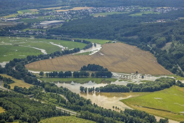 Aerial view, Ruhr flood, flood after heavy rainfall, Waltringen, Ense, Sauerland, North Rhine-Westphalia, Germany, DE, Europe, birds-eyes view, aerial photography, aerial photography, overview, bird's eye view, flood, Möhne, Möhnesee