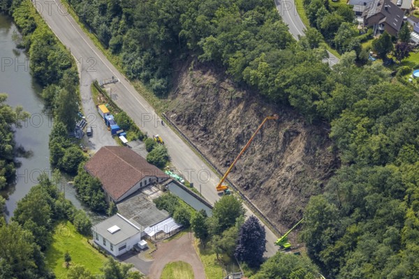 Aerial view, flood after heavy rainfall, Niederense, Ense, Sauerland, North Rhine-Westphalia, Germany, DE, Europe, birds-eyes view, aerial view, aerial photography, aerial photography, overview, bird's eye view, flood, Möhne, Möesee