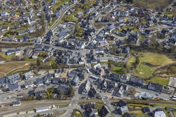 Aerial view, town centre Erndtebrück, Siegerland, North Rhine-Westphalia, Germany, DE, Erndtebrück, Europe, city centre view, roundabout, roundabout, aerial view, aerial photography, aerial photography, overview, bird's-eye view, overview