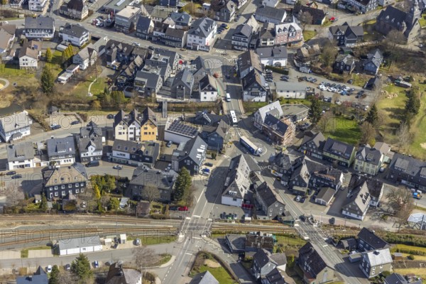 Aerial view, town centre Erndtebrück, Siegerland, North Rhine-Westphalia, Germany, DE, Erndtebrück, Europe, city centre view, roundabout, roundabout, aerial view, aerial photography, aerial photography, overview, bird's-eye view, overview