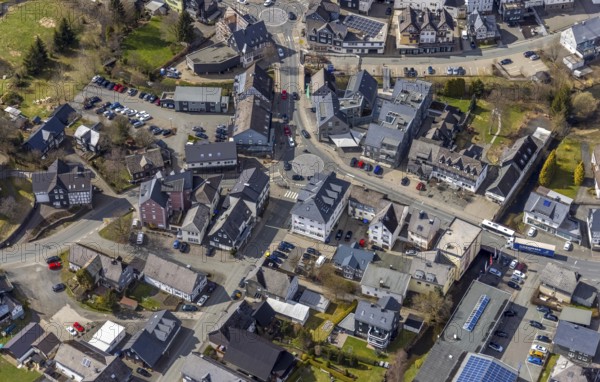 Aerial view, town centre Erndtebrück, Siegerland, North Rhine-Westphalia, Germany, DE, Erndtebrück, Europe, city centre view, roundabout, roundabout, aerial view, aerial photography, aerial photography, overview, bird's-eye view, overview