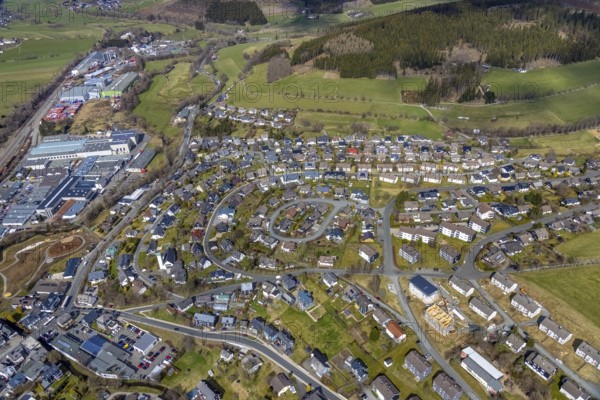 Aerial view, town centre and commercial area Mühlenweg, construction site playground, Auf der Struth landscape conservation area, Erndtebrück, Siegerland, North Rhine-Westphalia, Germany, DE, Europe, aerial view, aerial photography, aerial photography, overview, bird's-eye view, overview