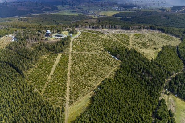 Aerial view, forest damage in restricted military area, radar dome and radar station on Ebschloh mountain, Erndtebrück, Siegerland, North Rhine-Westphalia, Germany, tree mortality, mountain, DE, Europe, aerial view, aerial photography, aerial photography, restricted area, overview, bird's-eye view, forest, forest area, forest damage, forest mortality, bird's-eye view, overview, bark beetle plague, spruce mortality, clearing, tree clearing, deforestation, wood pile