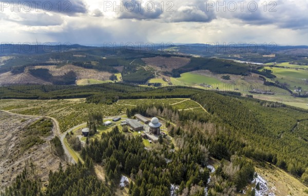 Aerial view, forest damage in a restricted military area, radar dome and radar station on Mount Ebschloh, Erndtebrück, Siegerland, North Rhine-Westphalia, Germany, tree mortality, mountain, DE, Europe, aerial view, aerial photography, aerial photography, restricted area, overview, bird's-eye view, forest, forest area, forest damage, forest mortality, bird's-eye view, overview