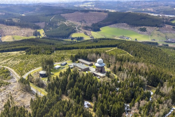 Aerial view, forest damage in a restricted military area, radar dome and radar station on Mount Ebschloh, Erndtebrück, Siegerland, North Rhine-Westphalia, Germany, tree mortality, mountain, DE, Europe, aerial view, aerial photography, aerial photography, restricted area, overview, bird's-eye view, forest, forest area, forest damage, forest mortality, bird's-eye view, overview