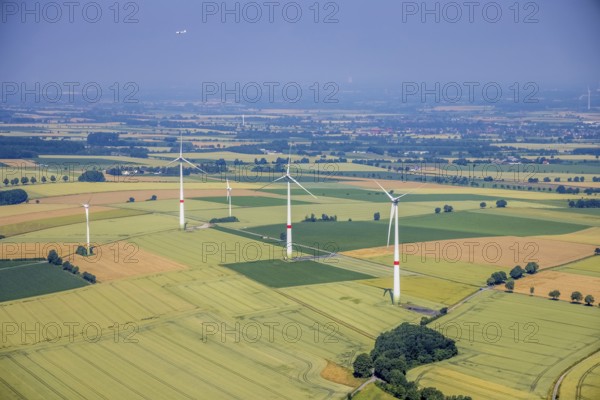 Aerial photo, wind turbines at Ruhner Weg, Bremen, Ense, Sauerland, North Rhine-Westphalia, Germany, DE, Europe, distant view, aerial view, aerial photography, aerial photography, overview, bird's-eye view, WEA, wind energy, wind turbine, wind power, wind turbine, wind turbines, birds-eyes view, overview