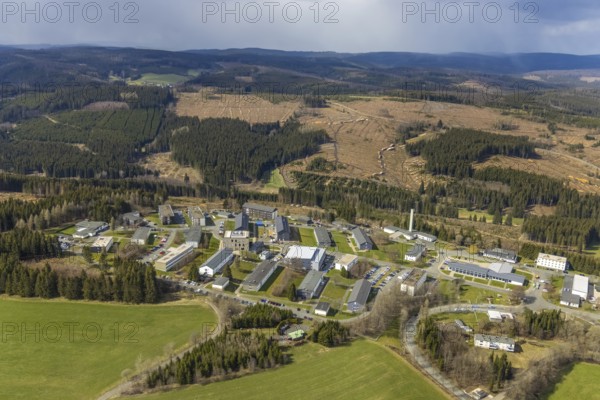 Aerial photo, Hachenberg barracks, forest damage, Erndtebrück, Siegerland, North Rhine-Westphalia, Germany, DE, Europe, Grimbachstraße, barracks, aerial photo, aerial photography, aerial photography, overview, bird's-eye view, overview
