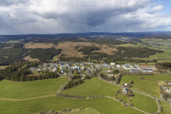 Aerial photo, Hachenberg barracks, forest damage, Erndtebrück, Siegerland, North Rhine-Westphalia, Germany, DE, Europe, Grimbachstraße, barracks, aerial photo, aerial photography, aerial photography, overview, bird's-eye view, overview