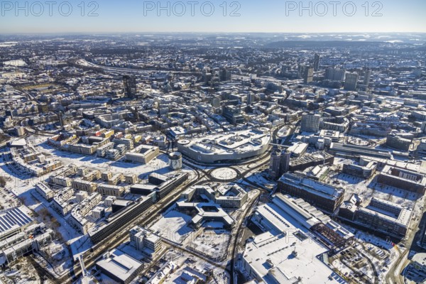 Aerial view, city, Limbecker Platz, headquarters Funke Mediengruppe, Jakob-Funke-Platz, Berliner Platz, university quarter Grüne Mitte Essen Westviertel, Essen, Ruhr area, North Rhine-Westphalia, Germany, DE, printing house, Europe, Funke Mediengruppe, Grüne Mitte Essen, city centre, roundabout, aerial view, aerial photography, aerial photography, media house, local view, snow, city area, city centre, overview, publishing house, bird's eye view, winter, newspaper publisher, birds-eyes view, overview