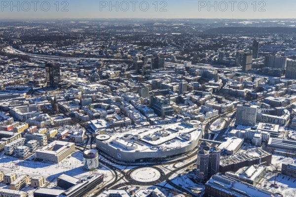 Aerial view, townscape, city, Limbecker Platz, Westviertel, Essen, Ruhr area, North Rhine-Westphalia, Germany, Berliner Platz, DE, Europe, city centre, roundabout, aerial view, aerial photography, aerial photography, townscape, snow, city area, city centre, overview, bird's eye view, winter, birds-eyes view, overview