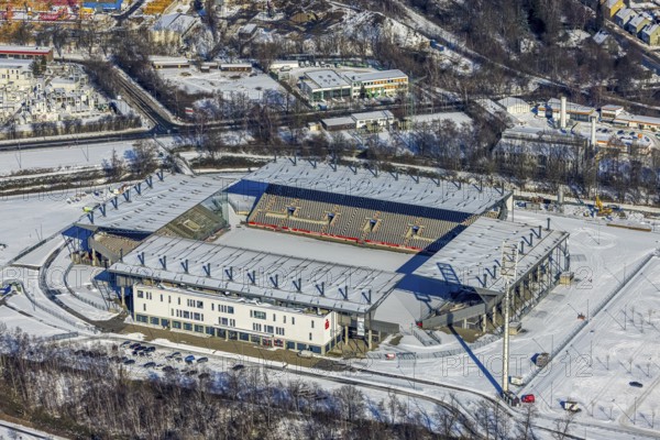 Aerial view, stadium Essen Hafenstraße, Essen-Bochold, Essen, Ruhr area, North Rhine-Westphalia, Germany, DE, Europe, football pitch, football stadium, football club, aerial view, aerial photography, aerial photography, snow, sports facilities, sports field, sports facility, stadium, overview, bird's eye view, winter, birds-eyes view, overview